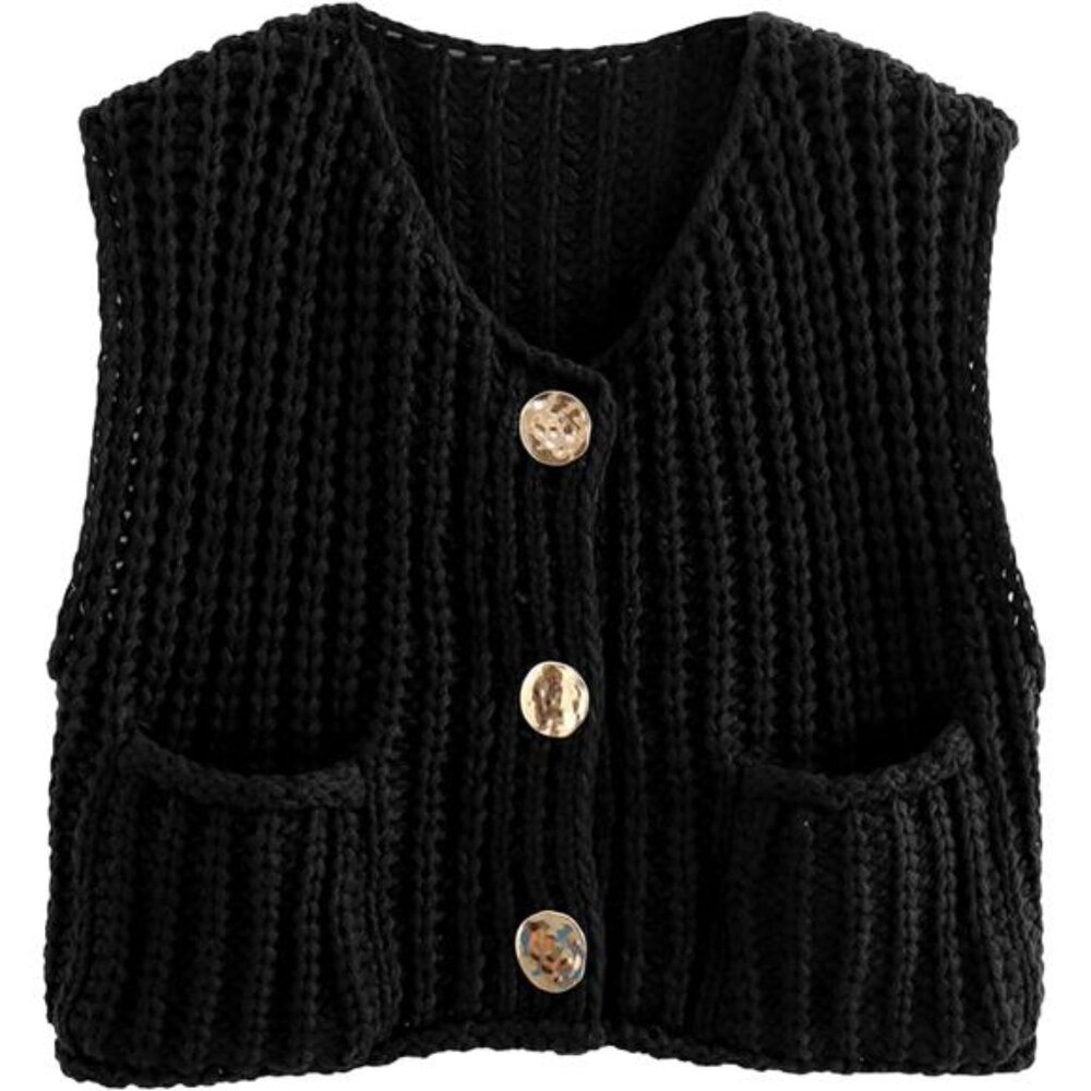 Women’s Cropped Sweater Vest Cute Crewneck Button Down Sleeveless Crop
